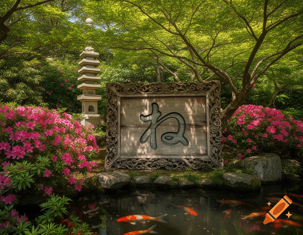 Photorealistic Japanese garden with koi pond, stone lantern, pink azaleas, and a carved wooden frame with the character ' '