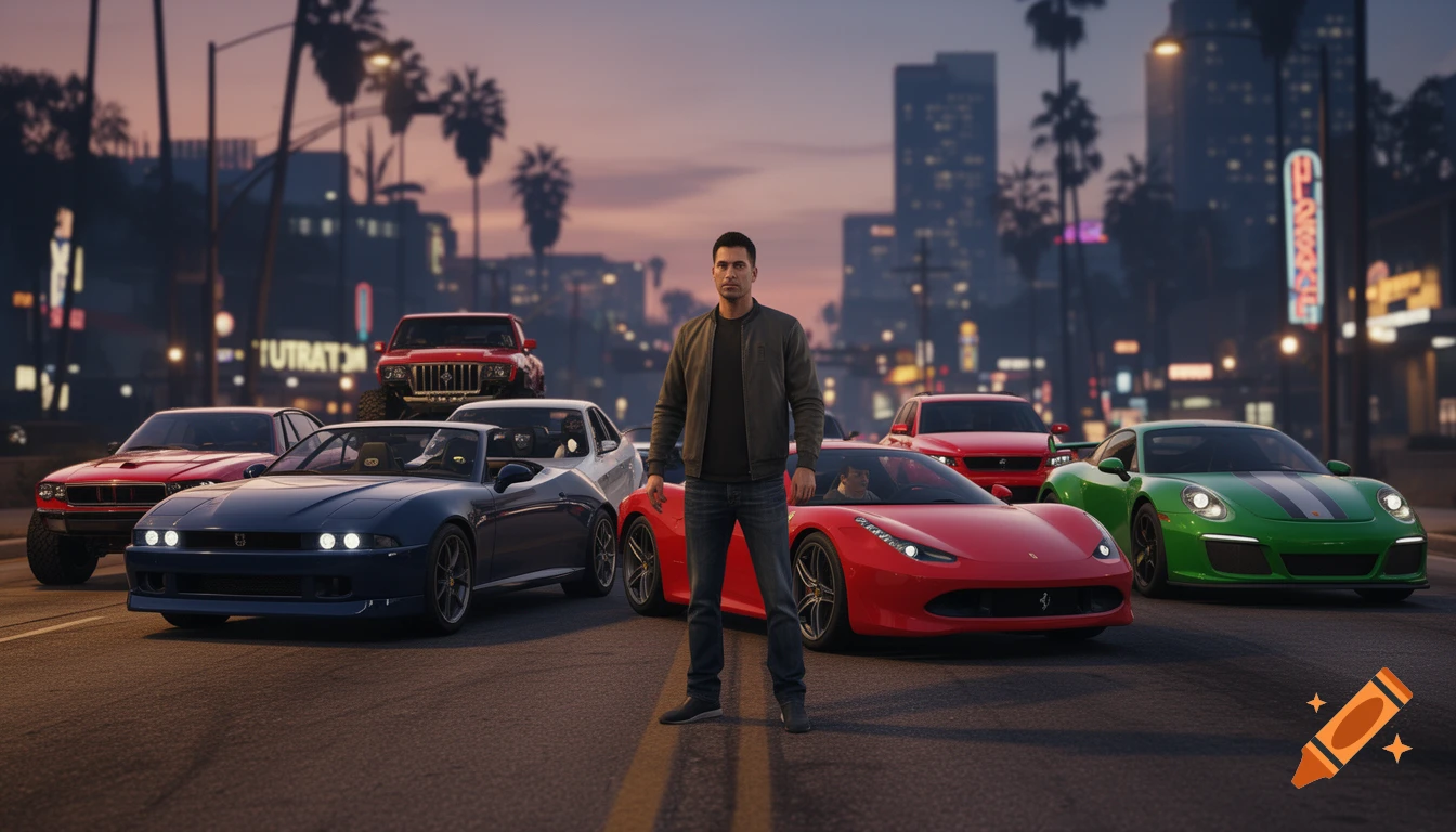 A man stands in the middle of a city street at dusk, surrounded by various cars, including a red Ferrari and a green Porsche. The scene has a video game aesthetic.