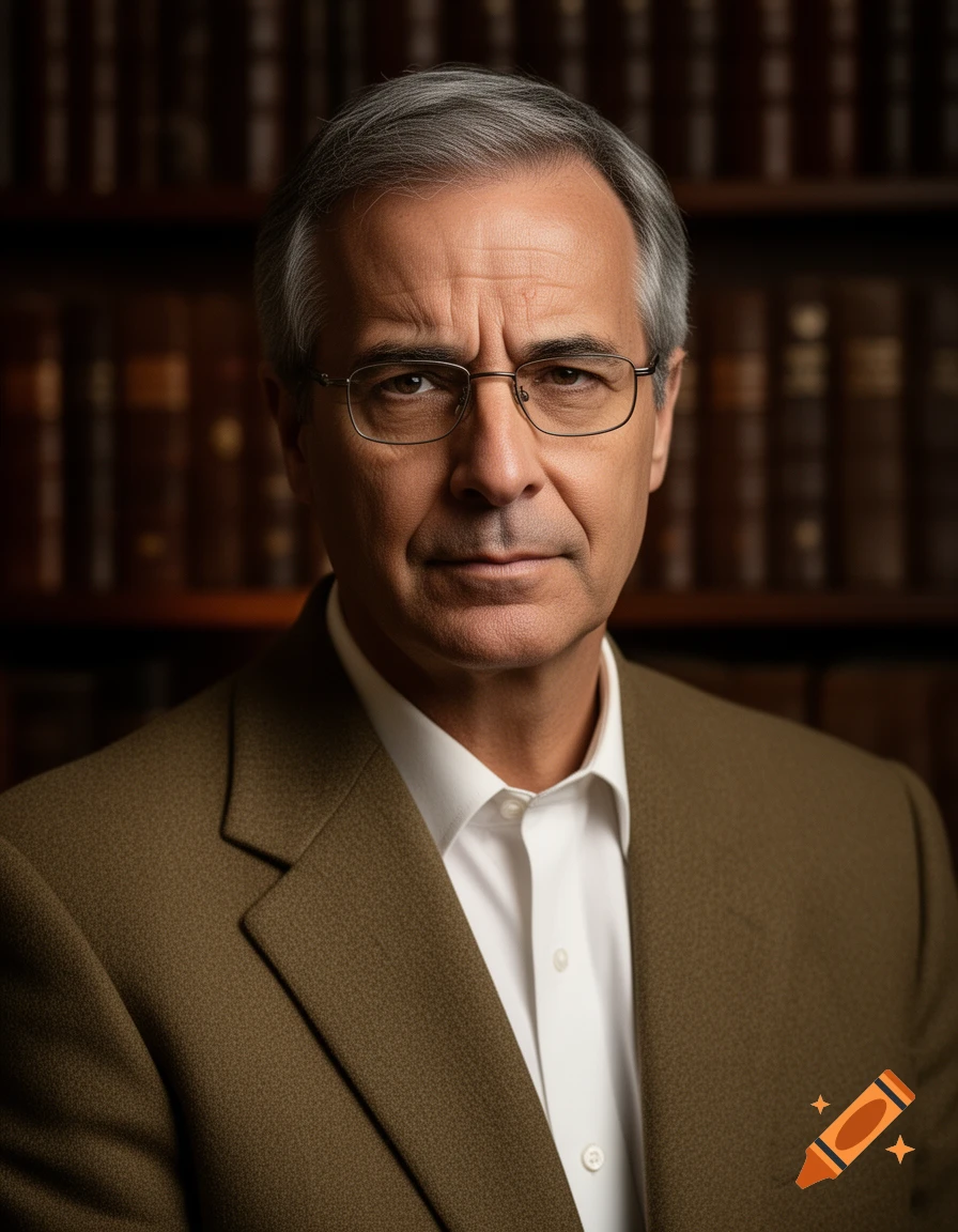Photorealistic portrait of a serious middle-aged man with graying hair and glasses in a brown suit, against a blurred bookshelf background.