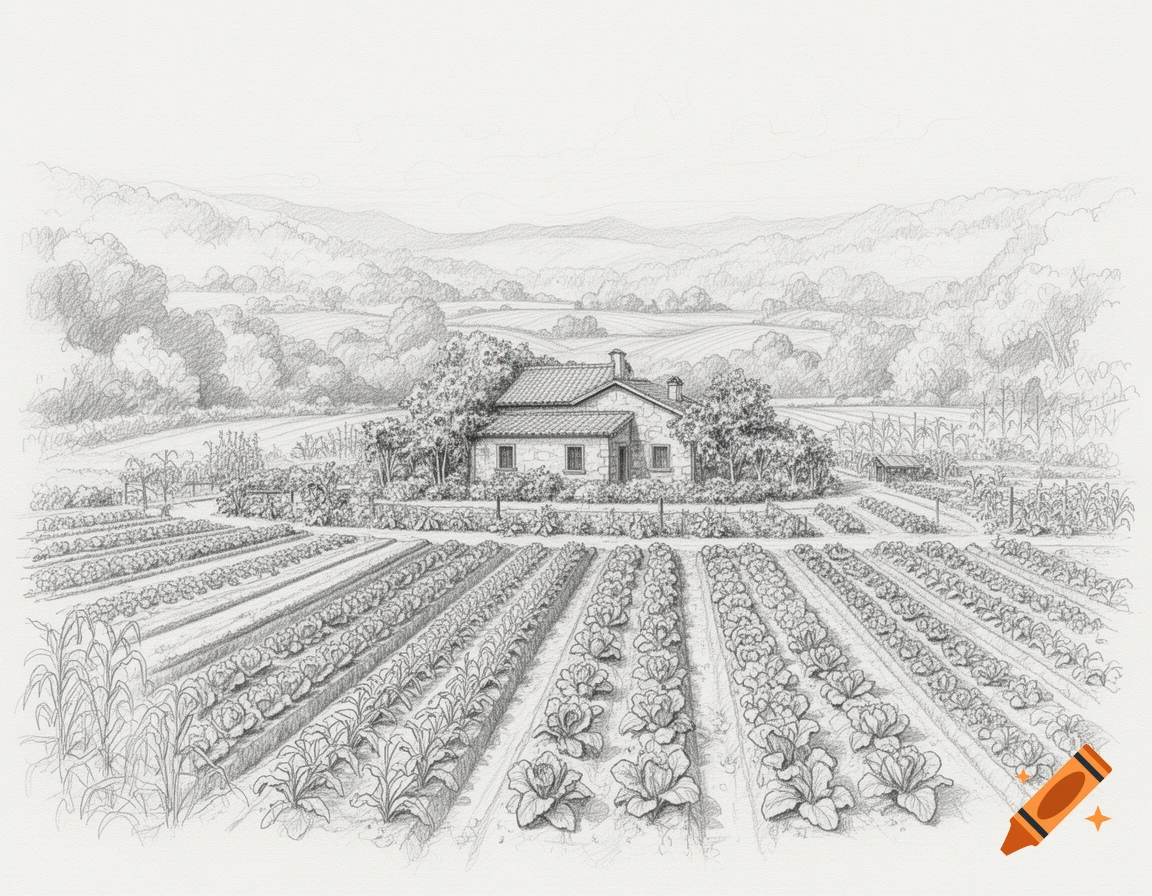 Detailed pencil drawing of a farm with a farmhouse and rows of crops, surrounded by a natural landscape.