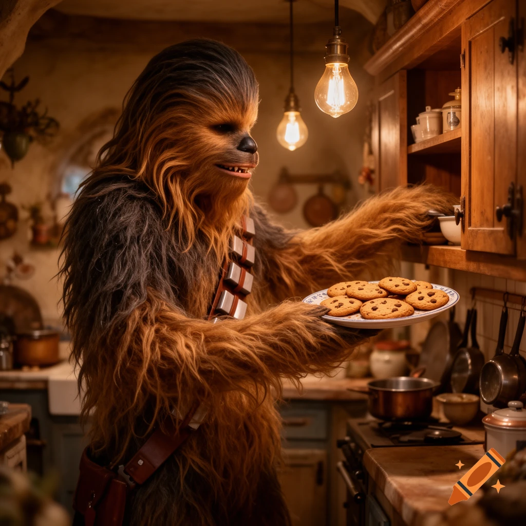 Photorealistic image of Chewbacca holding a plate of chocolate chip cookies in a rustic kitchen.