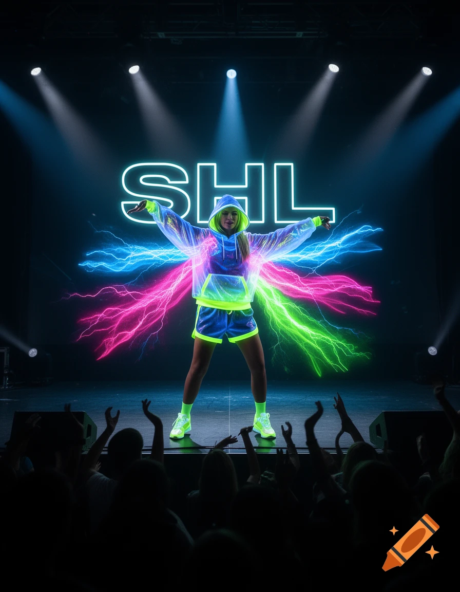 A pop star in neon glow outfit with lightning effects on a dark stage with 'SHL' text and audience.