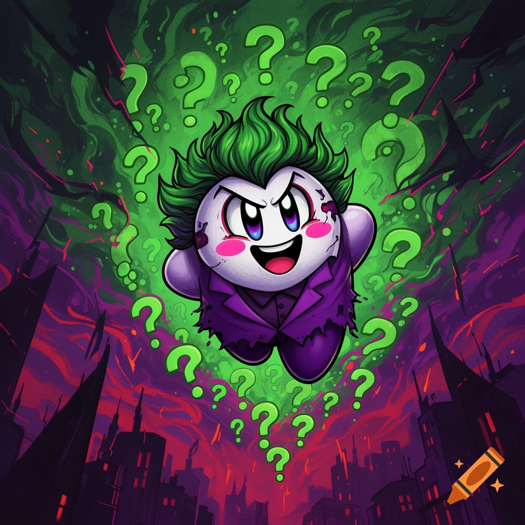 A cartoon Kirby character dressed as the Joker with green hair, a purple suit, and a wide grin, surrounded by glowing green question marks above a dark city.