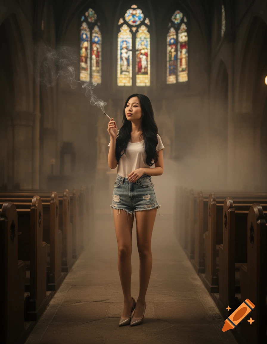 Asian woman in denim shorts and heels smoking a cigarette in a foggy church with stained glass windows.