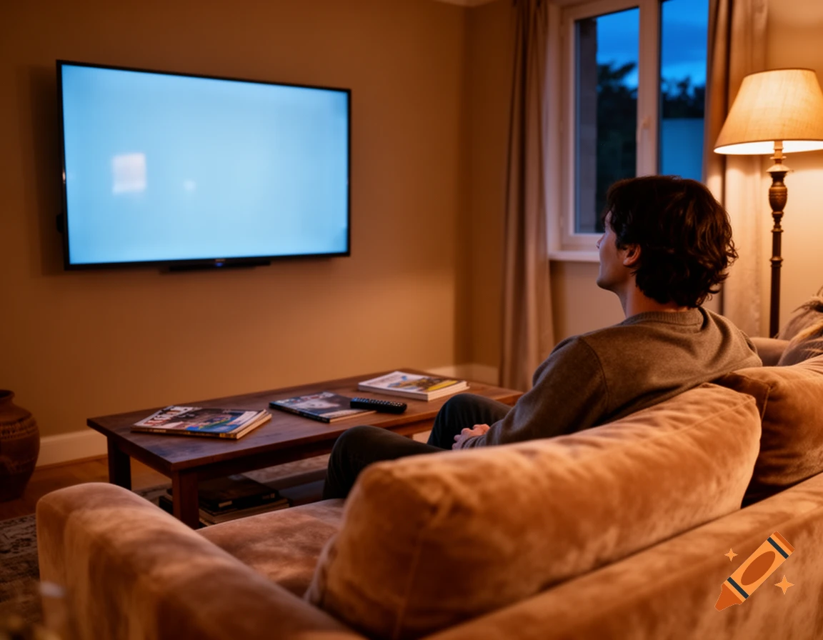 A person sits on a cozy sofa, gazing at a large, blank TV screen in a warm-toned living room at dusk.