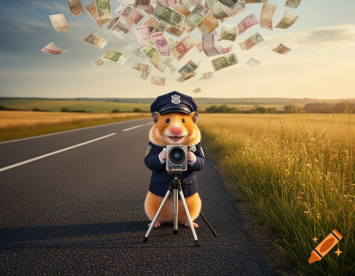 A photorealistic image of a golden hamster in a police uniform standing behind a tripod-mounted speed camera on a country road, grinning greedily as banknotes fall from the sky.