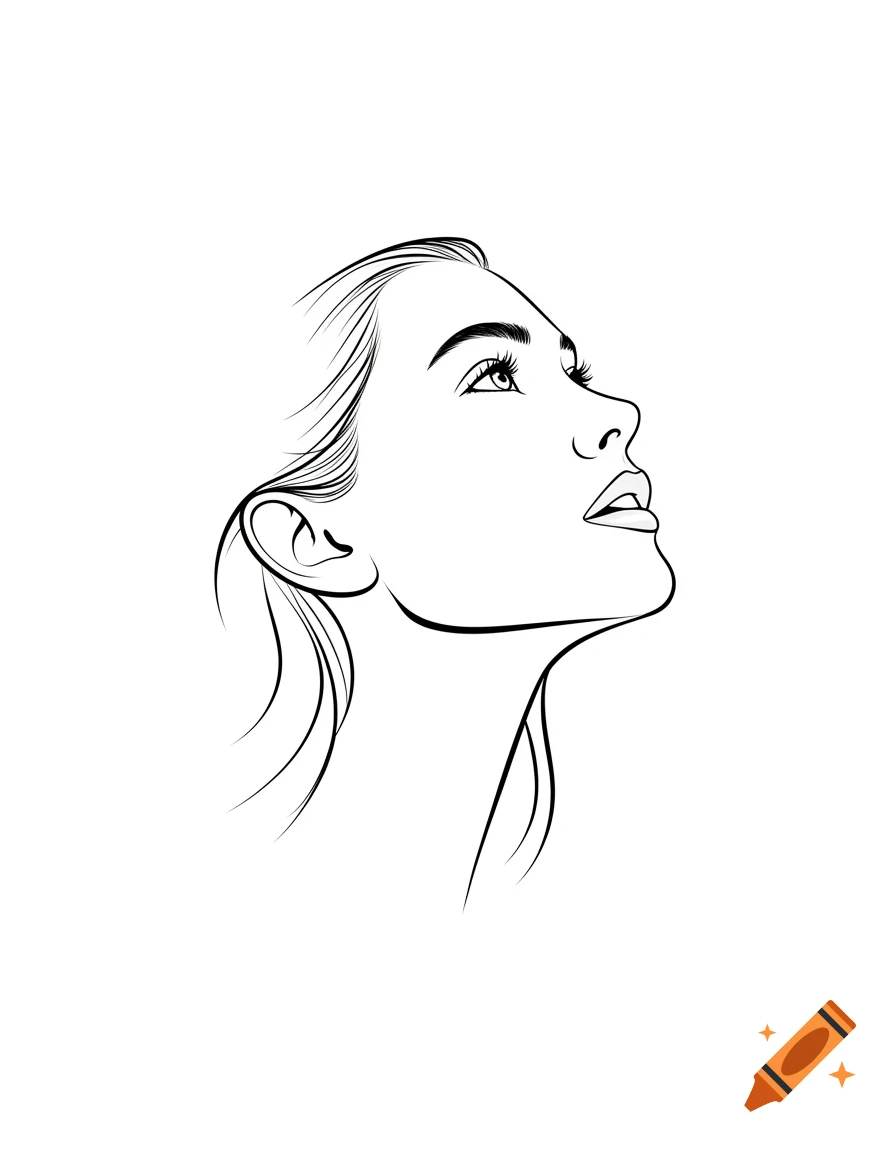 Black and white line drawing of a woman's face in profile, looking up with a slightly open mouth.