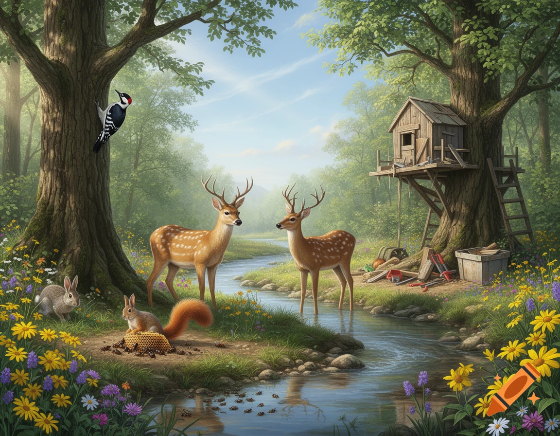 A vibrant forest scene with two spotted deer in a creek. A rabbit, a squirrel with a honeycomb, a woodpecker, and a treehouse are visible amidst wildflowers and tall trees.