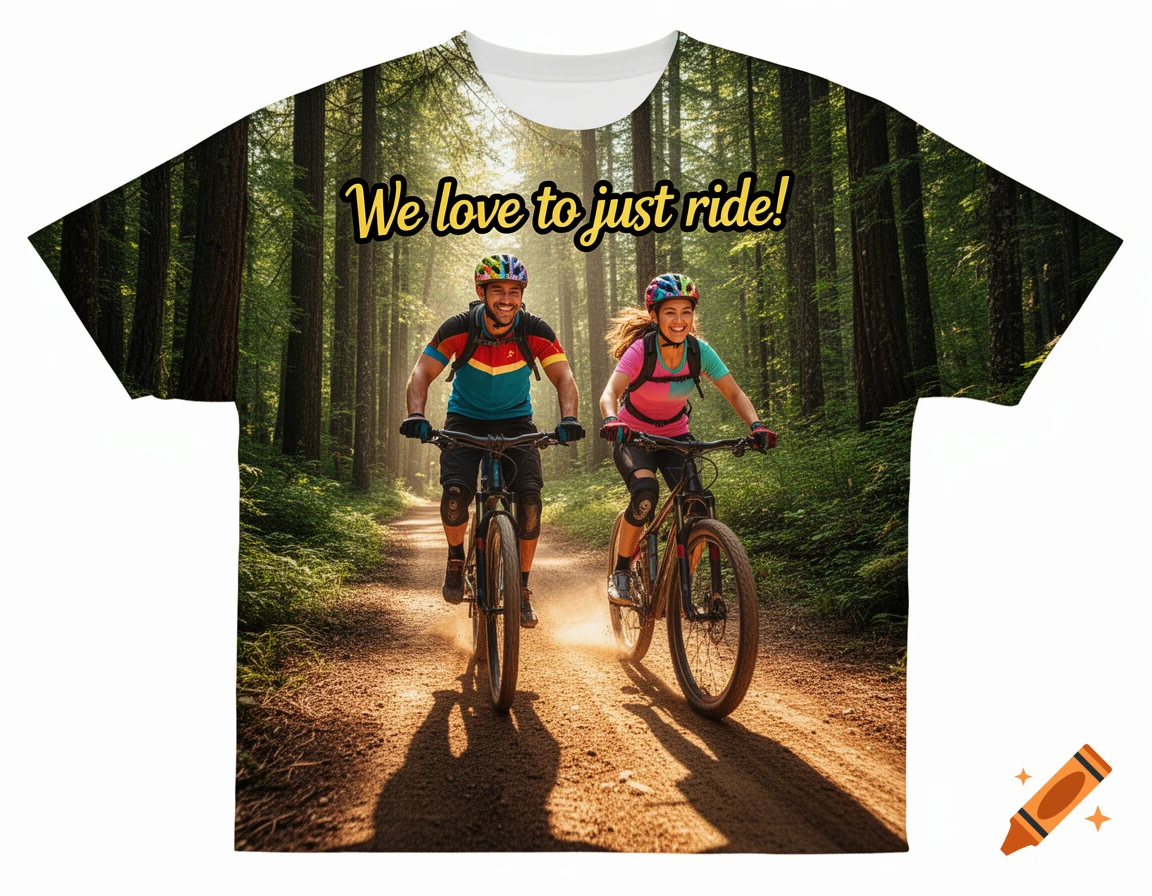 Smiling man and woman mountain biking on a forest path, with "We love to just ride!" on their t-shirts.
