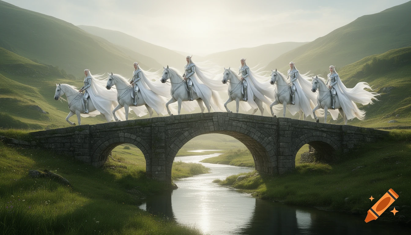 Seven elven warriors on white horses, in white robes and silver armor, cross a stone bridge over a river in a green, misty valley.