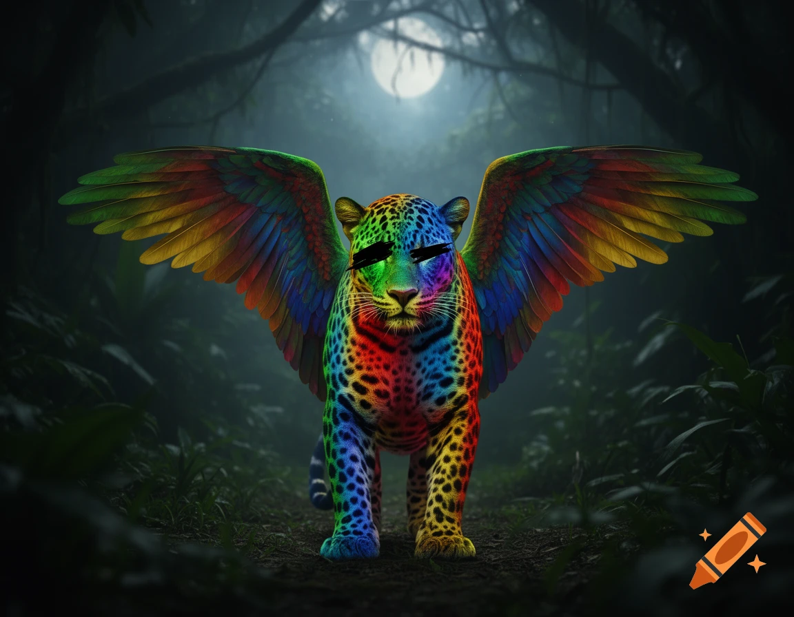 A vibrant rainbow-colored jaguar with large, colorful wings and black bars over its eyes, stands on a jungle path under a bright moon.