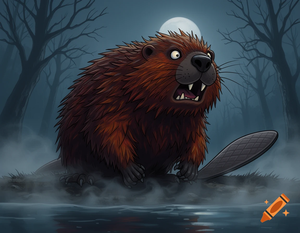 A scared cartoon beaver with wide eyes in a foggy, dark forest by water under a full moon.