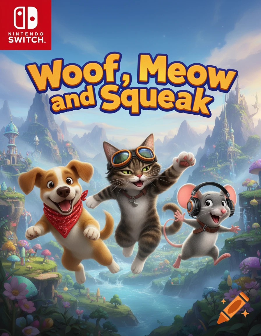 Cartoon video game cover with a dog, cat, and mouse floating over a fantasy landscape. Title 'Woof, Meow and Squeak' and Nintendo Switch logo.