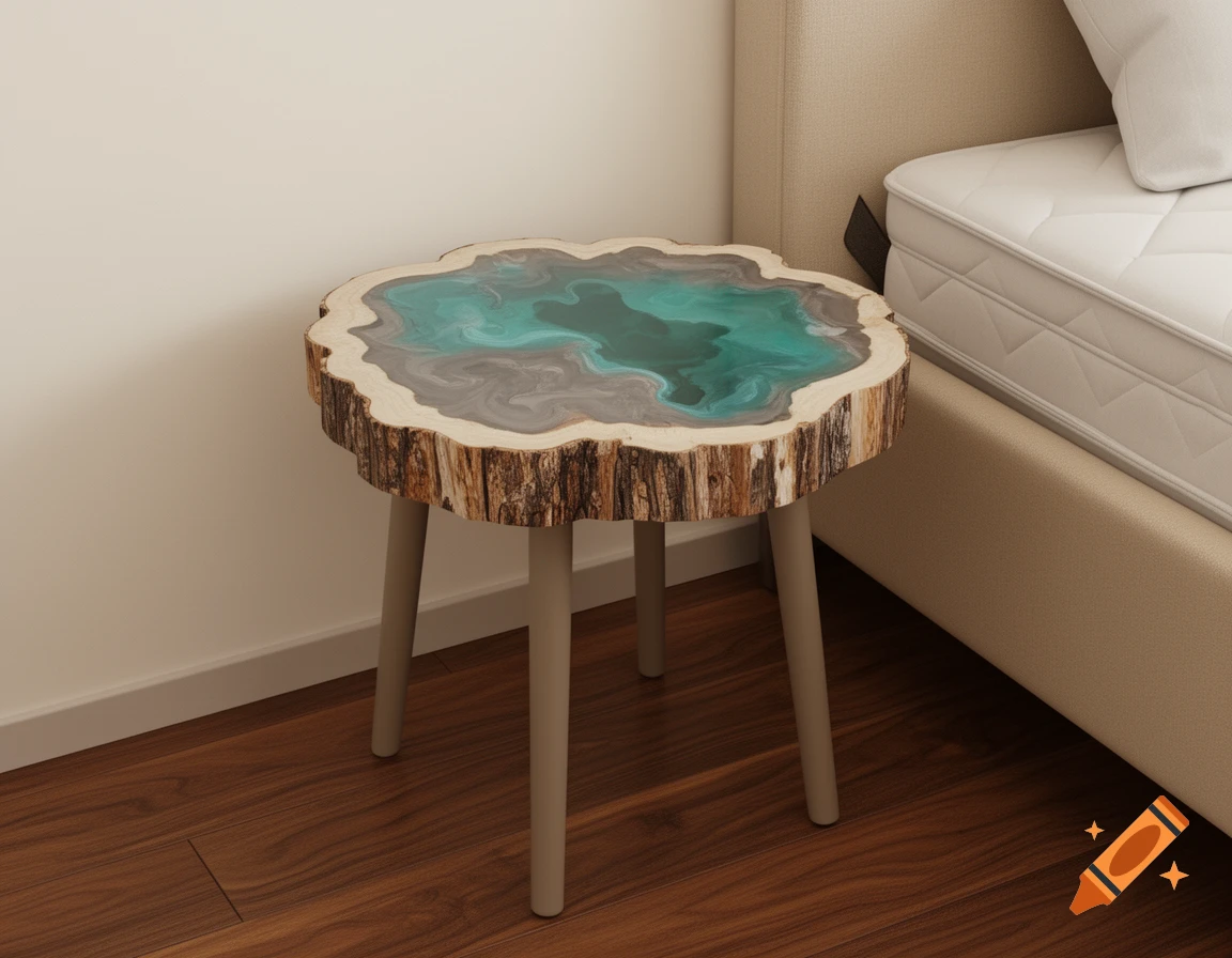 A realistic photo of a tree slice nightstand with a turquoise and grey epoxy resin top, taupe legs, next to a beige bed on a walnut floor.