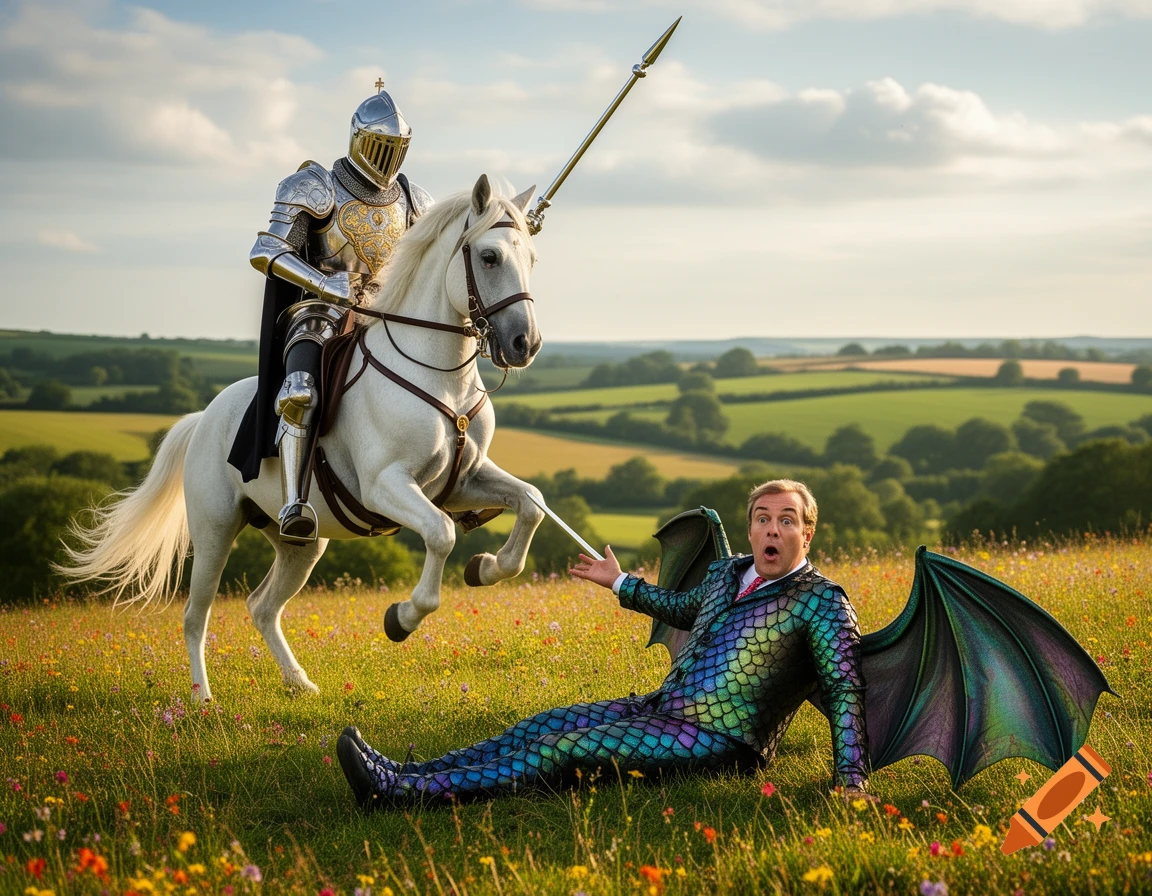 A knight in shining armor on a white horse raises a spear over a man in a colorful dragon costume lying in a sunlit meadow.