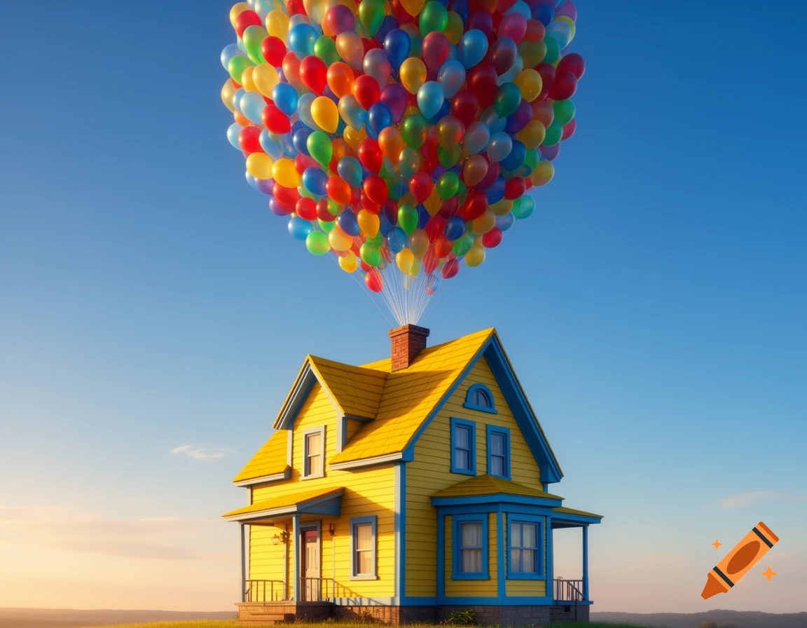 A yellow and blue house floats in a clear blue sky, carried by a huge cluster of vibrant, multicolored balloons from its chimney.