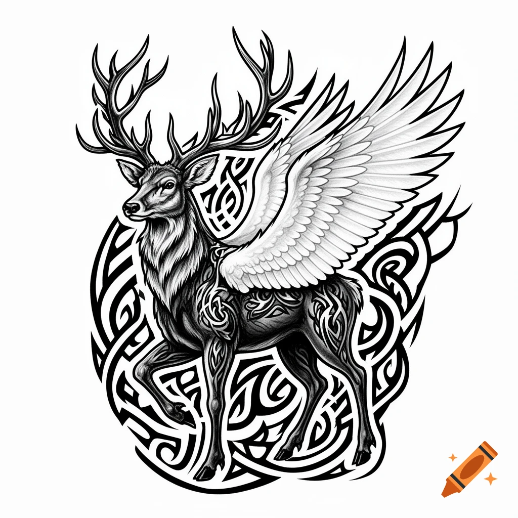 Black and white tribal tattoo style illustration of a winged stag with large antlers, adorned with intricate Celtic knot patterns.