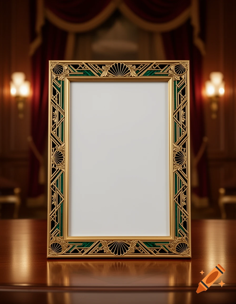 A gold and green Art Deco empty picture frame stands on a polished wooden table in a luxurious room with red curtains.