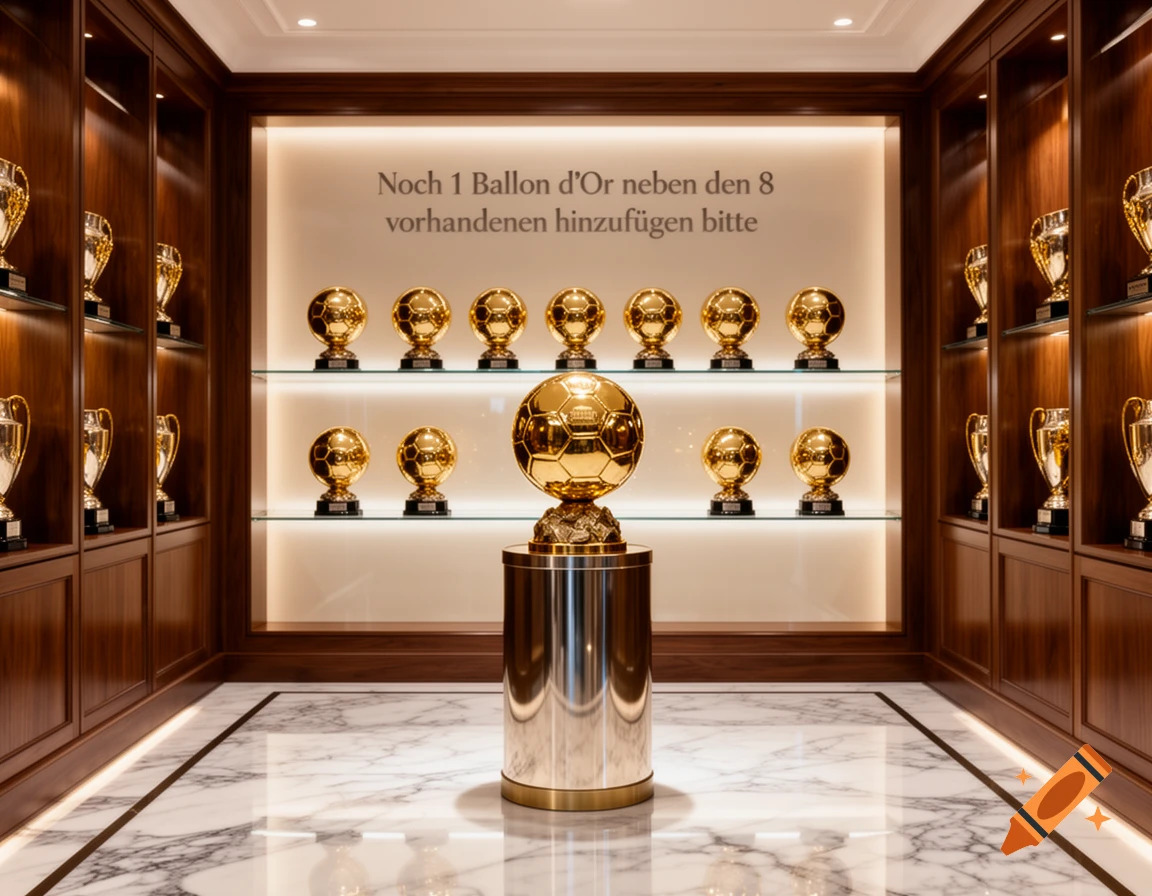A collection of golden football trophies, including a prominent Ballon d'Or, displayed in a luxurious wooden case with marble flooring and text on the wall.