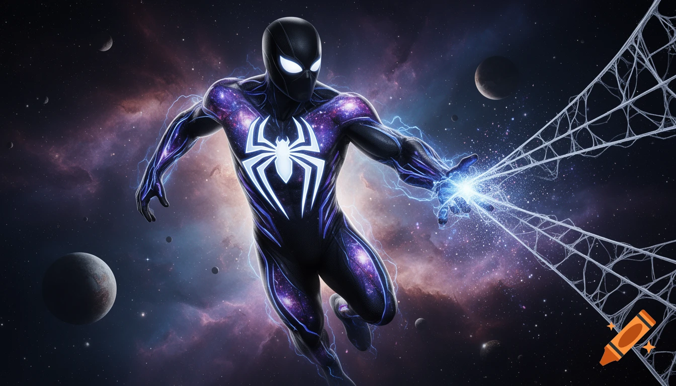 A cosmic superhero in a black and galaxy-filled suit with a glowing spider emblem fires crackling cosmic webs in outer space.