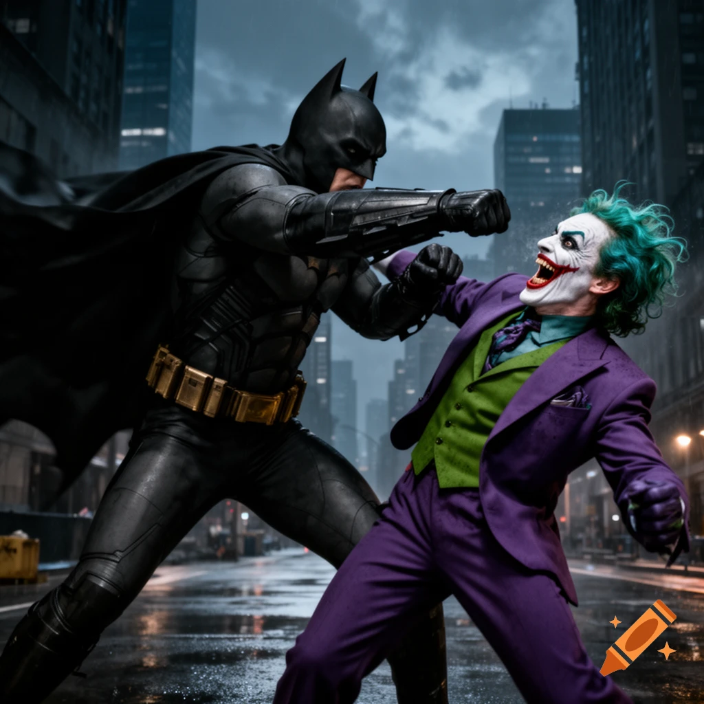 Photorealistic image of Batman punching the Joker in a rainy city street.