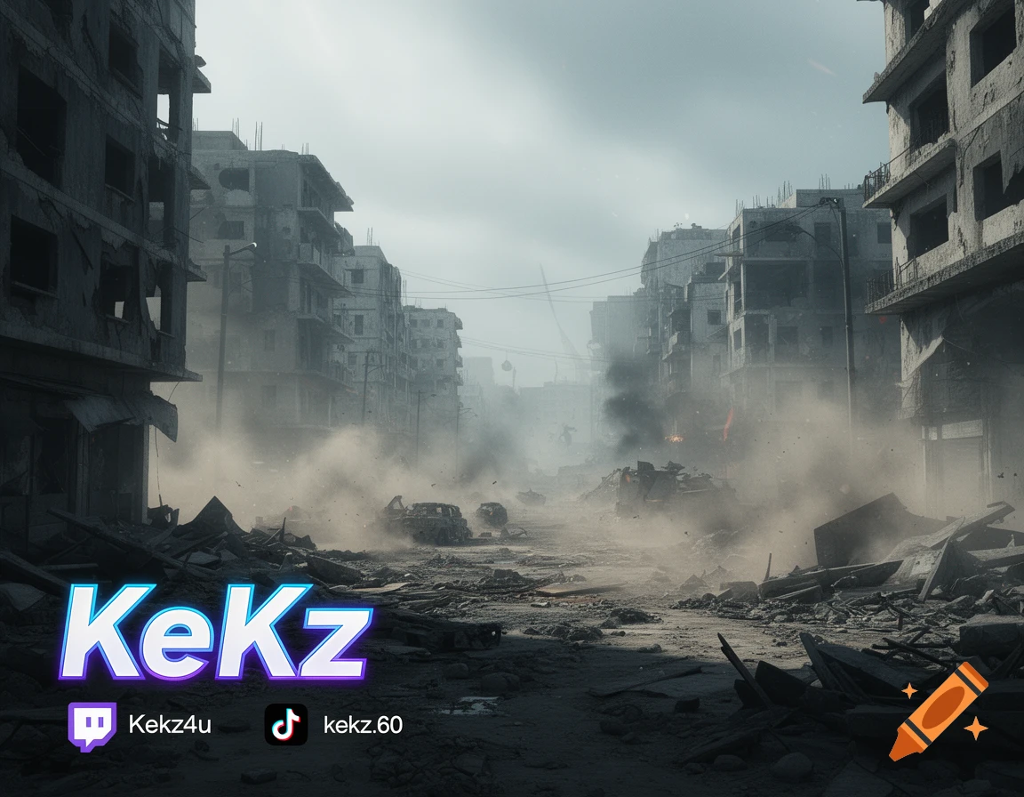 A desolate, destroyed city street with rubble, smoke, and collapsed buildings under a cloudy sky. Glowing text "KeKz" is in the foreground with Twitch and TikTok handles.