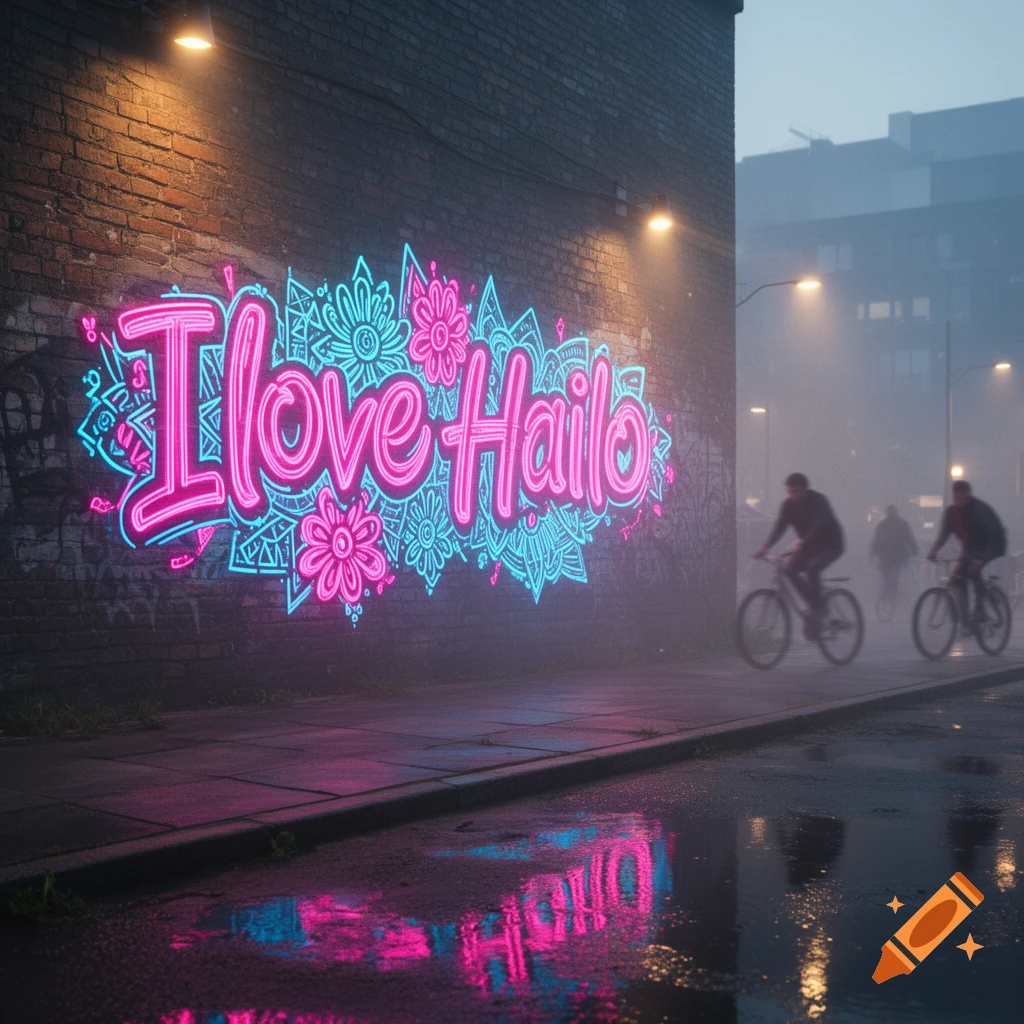 Neon sign glowing 'I love Haiilo' on a brick wall, reflecting on a wet city street with blurred cyclists passing by.
