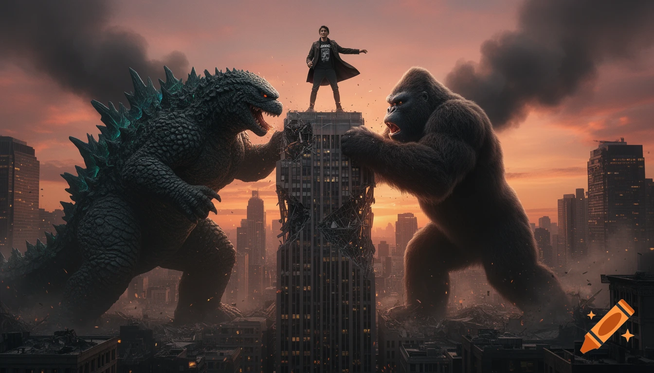 Giant Godzilla and King Kong battle over a devastated city, with a small person standing atop a skyscraper between them, against an orange sunset.