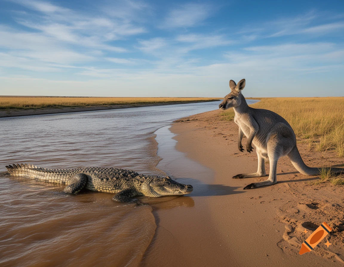 A photorealistic image of a kangaroo on a sandy riverbank, watching a crocodile partially submerged in brown water. Grasslands and blue sky.