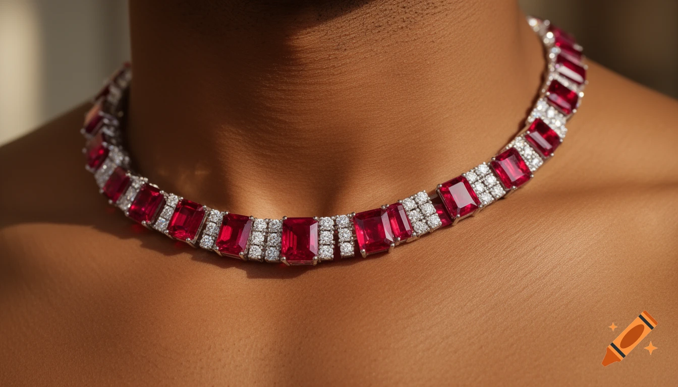 Close-up of a sparkling ruby and diamond necklace on a tan neck.