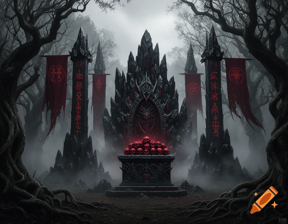 A dark, foreboding shrine with jagged black spires, red banners adorned with symbols, and a pile of glowing red skulls, set in a misty, ancient forest with gnarled trees.