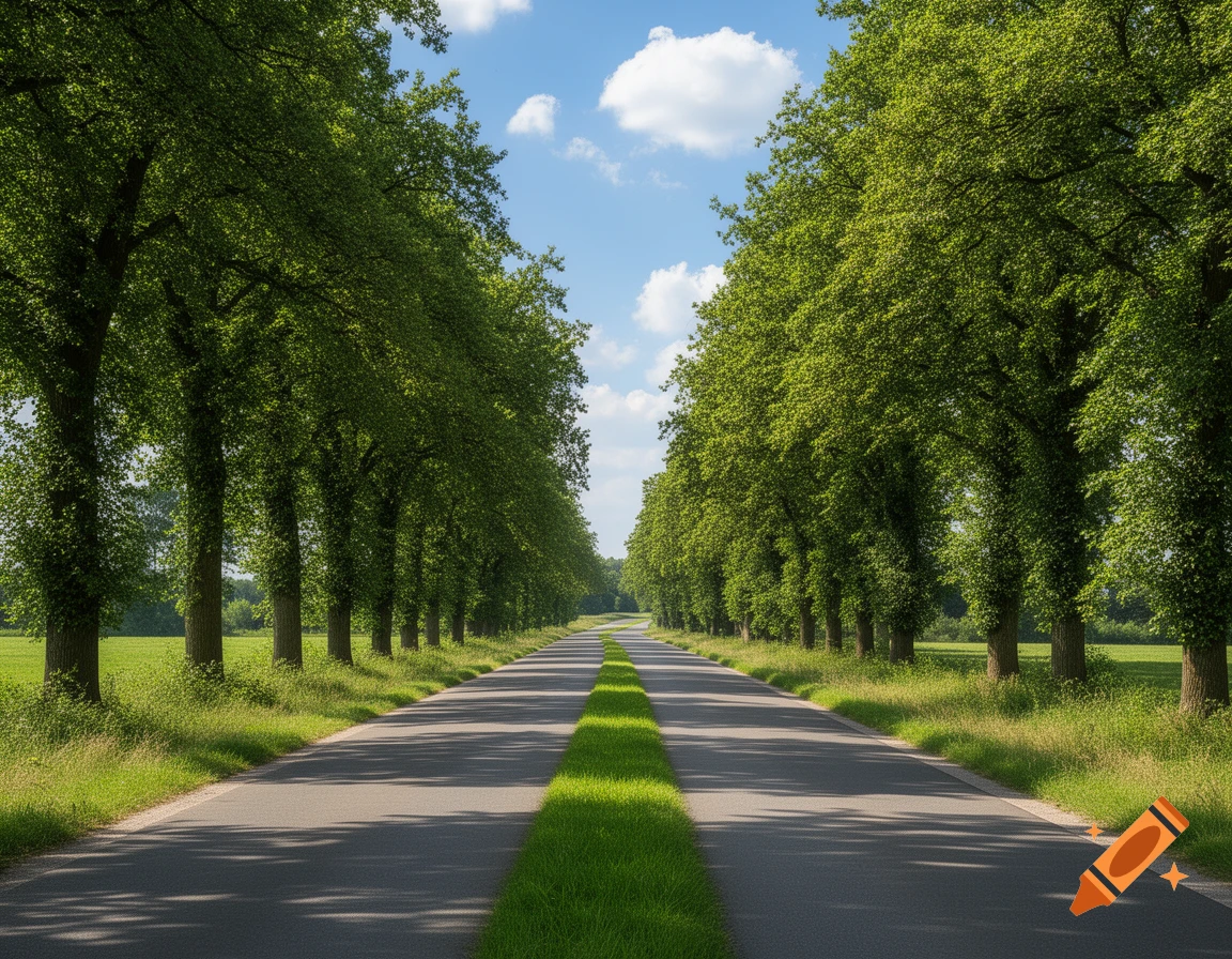 A long, straight road with a grass median stretches into the distance, flanked by tall, lush green trees under a bright blue sky with white clouds.
