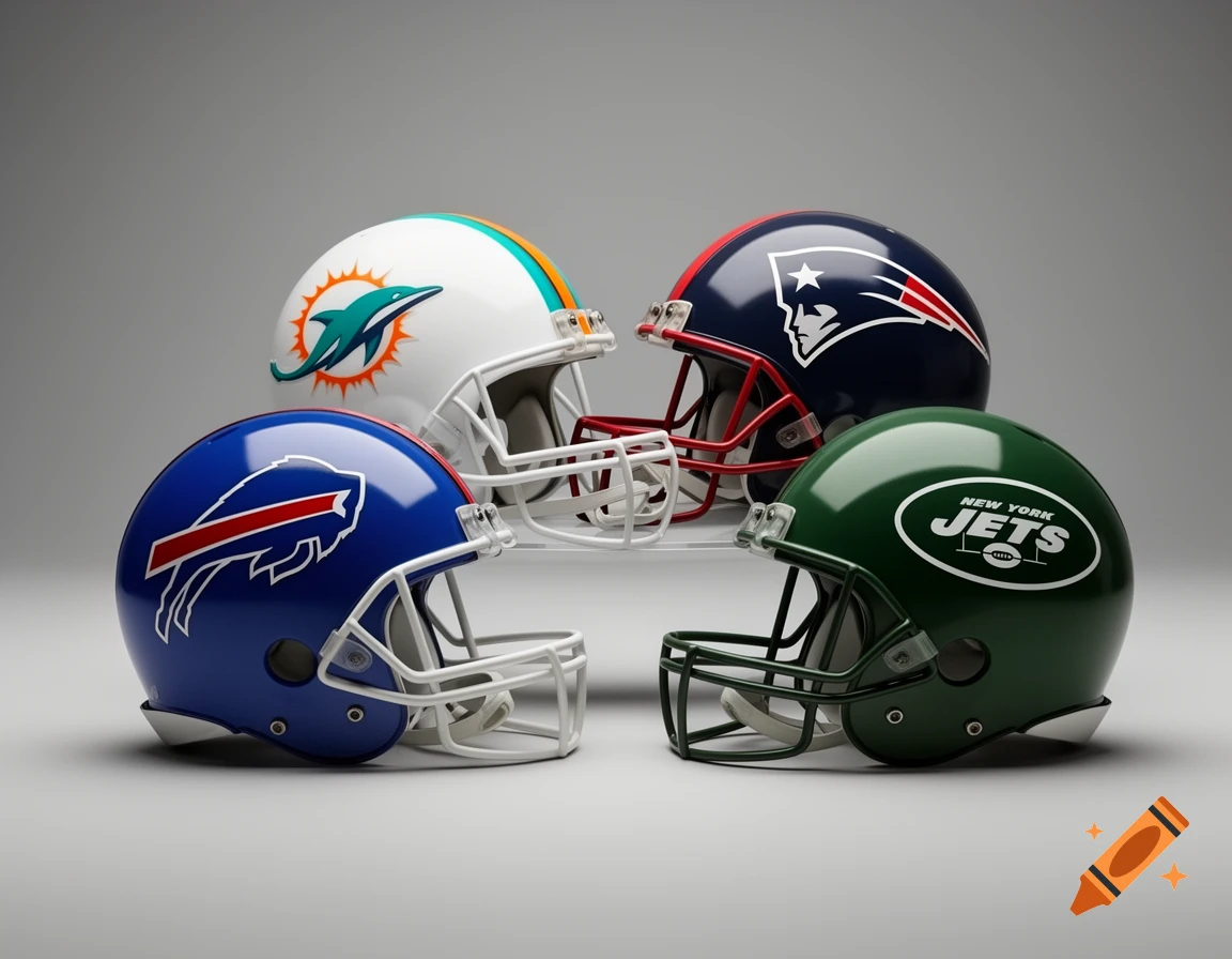 Four NFL football helmets arranged together, featuring the logos of the Miami Dolphins, New England Patriots, Buffalo Bills, and New York Jets.