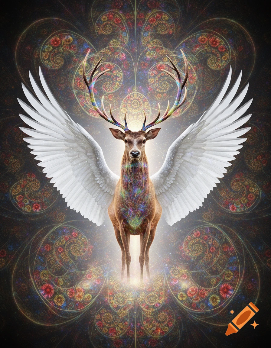 A majestic red deer with large white wings stands centrally against a vibrant, ornate fractal background in a digital art style.