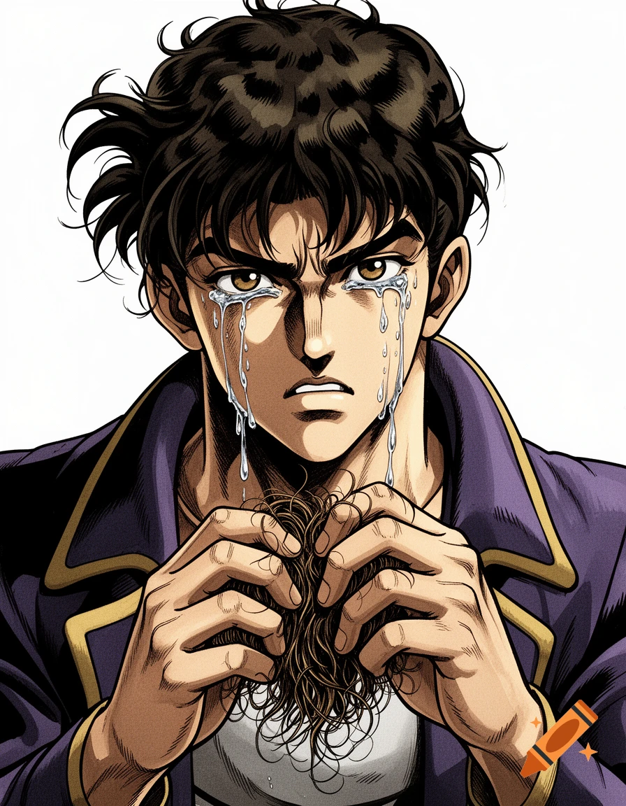 Anime illustration of a young man with dark hair, crying intensely while clutching a clump of his own hair.