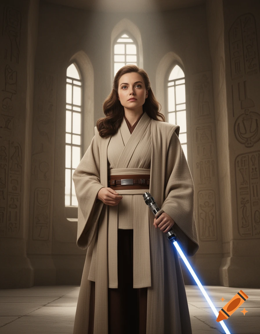 A female Jedi Master in a beige robe holds a blue lightsaber in a temple with carved walls and arched windows. Photorealistic style.