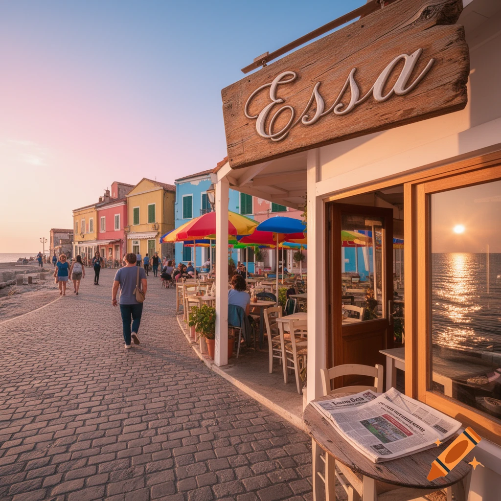 Colorful buildings line a cobblestone street with an outdoor cafe "Essa" at sunset. People stroll past, with the sea reflecting the sun.