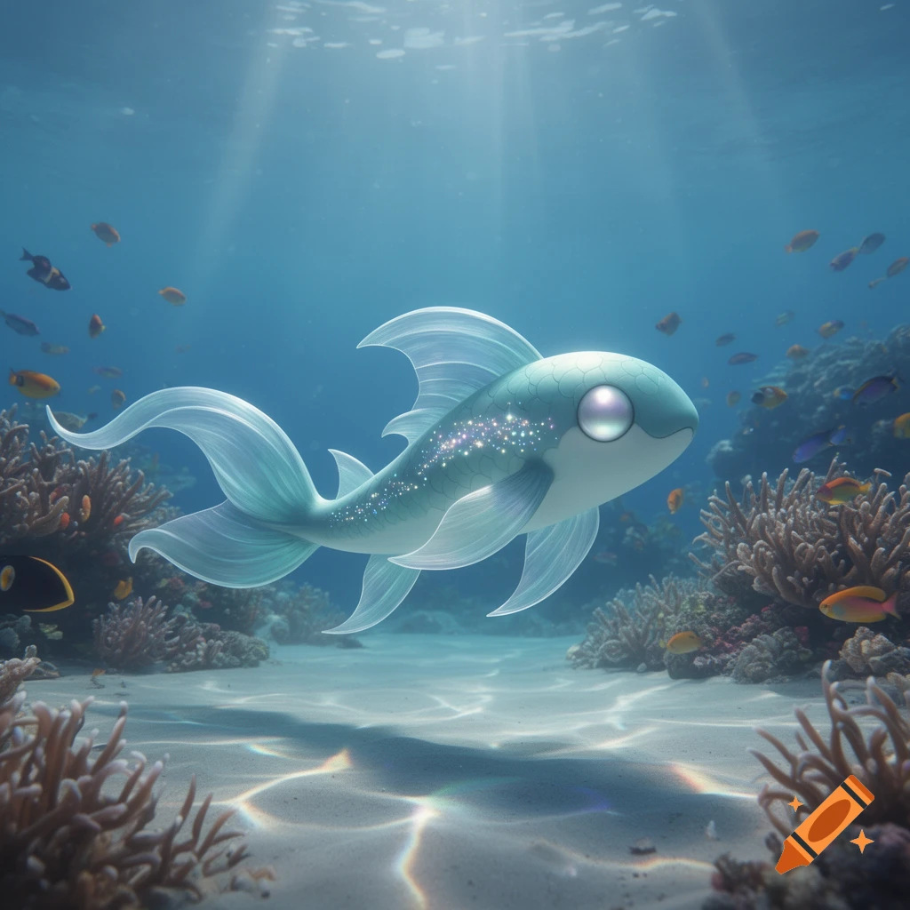 A light blue, glowing, stylized fish-like Pokémon swims over a sandy ocean floor with coral reefs under sunlit water.