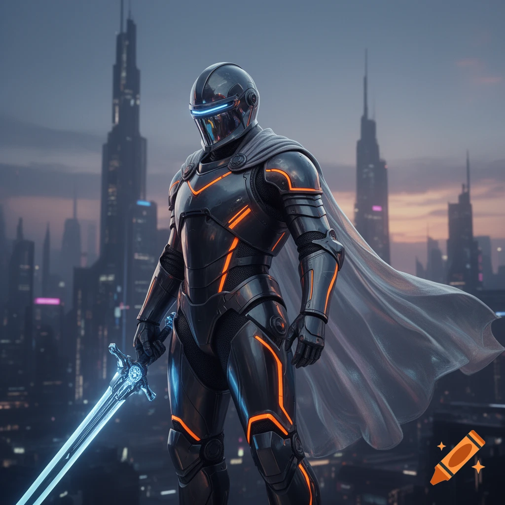 A futuristic knight in black and orange armor with a glowing blue sword and white cape stands on a rooftop overlooking a cyberpunk city.