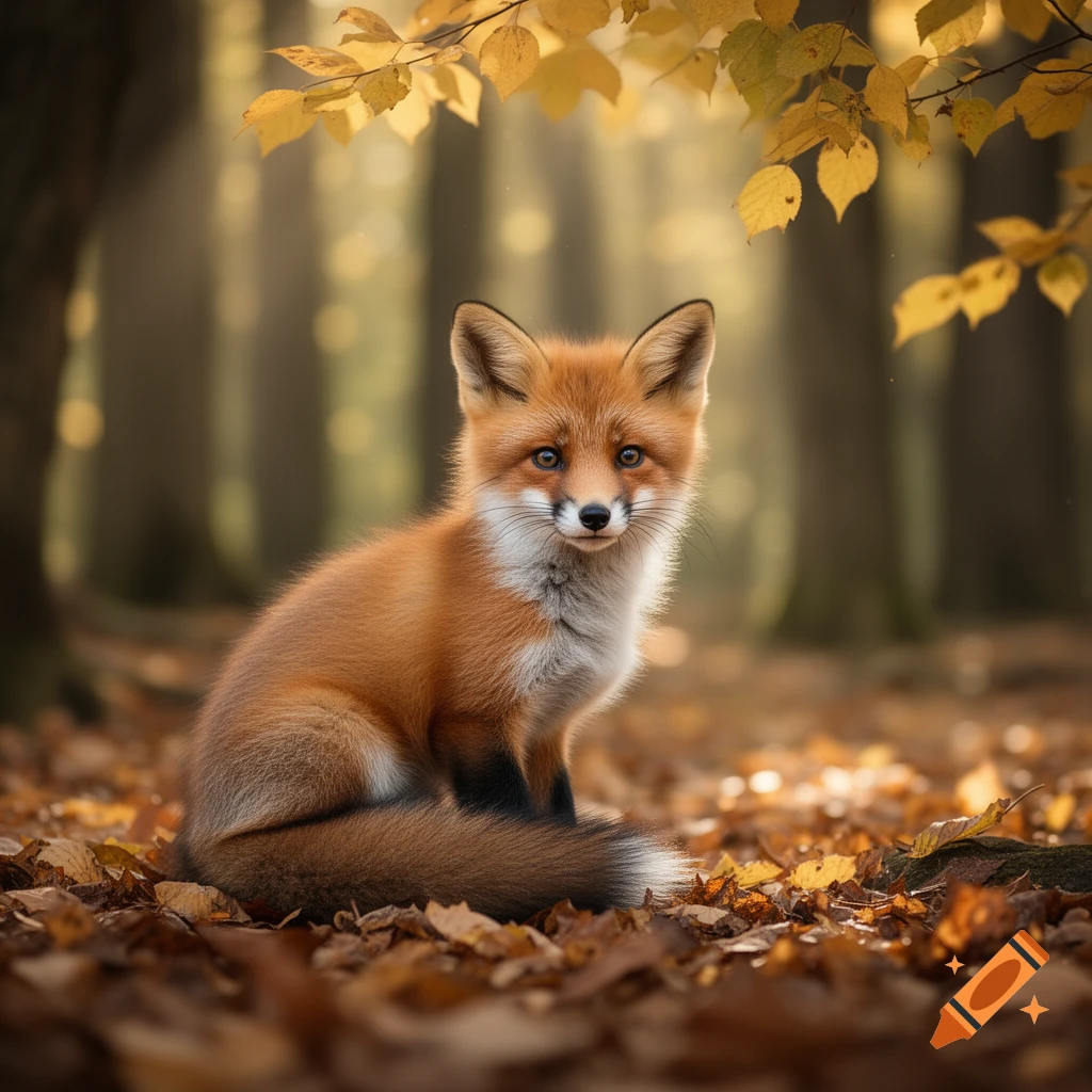 A photorealistic fox sitting amongst fallen autumn leaves in a sunlit forest.