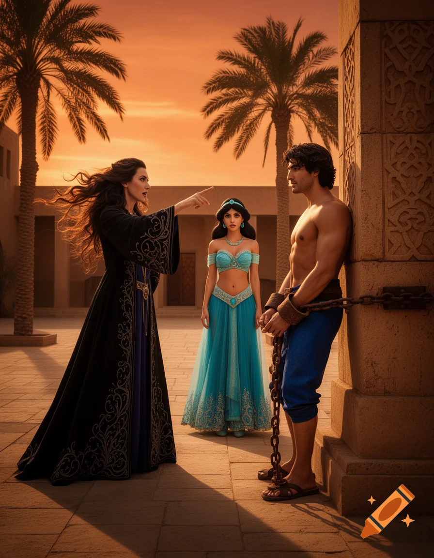 A dark-haired sorceress in black points at a chained shirtless man while Princess Jasmine stands nearby in a desert courtyard at sunset, photorealistic.