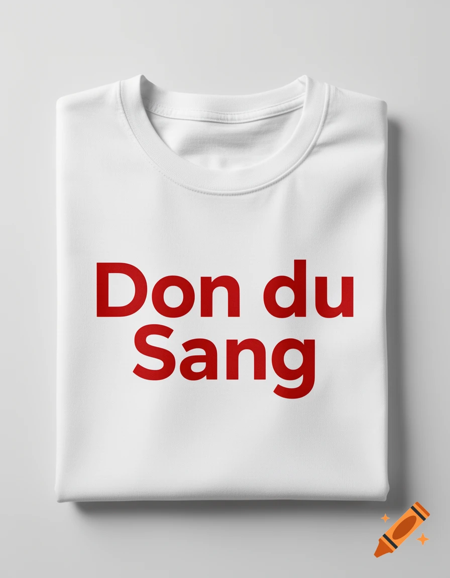 White folded t-shirt with 'Don du Sang' (Blood Donation) written in red text.