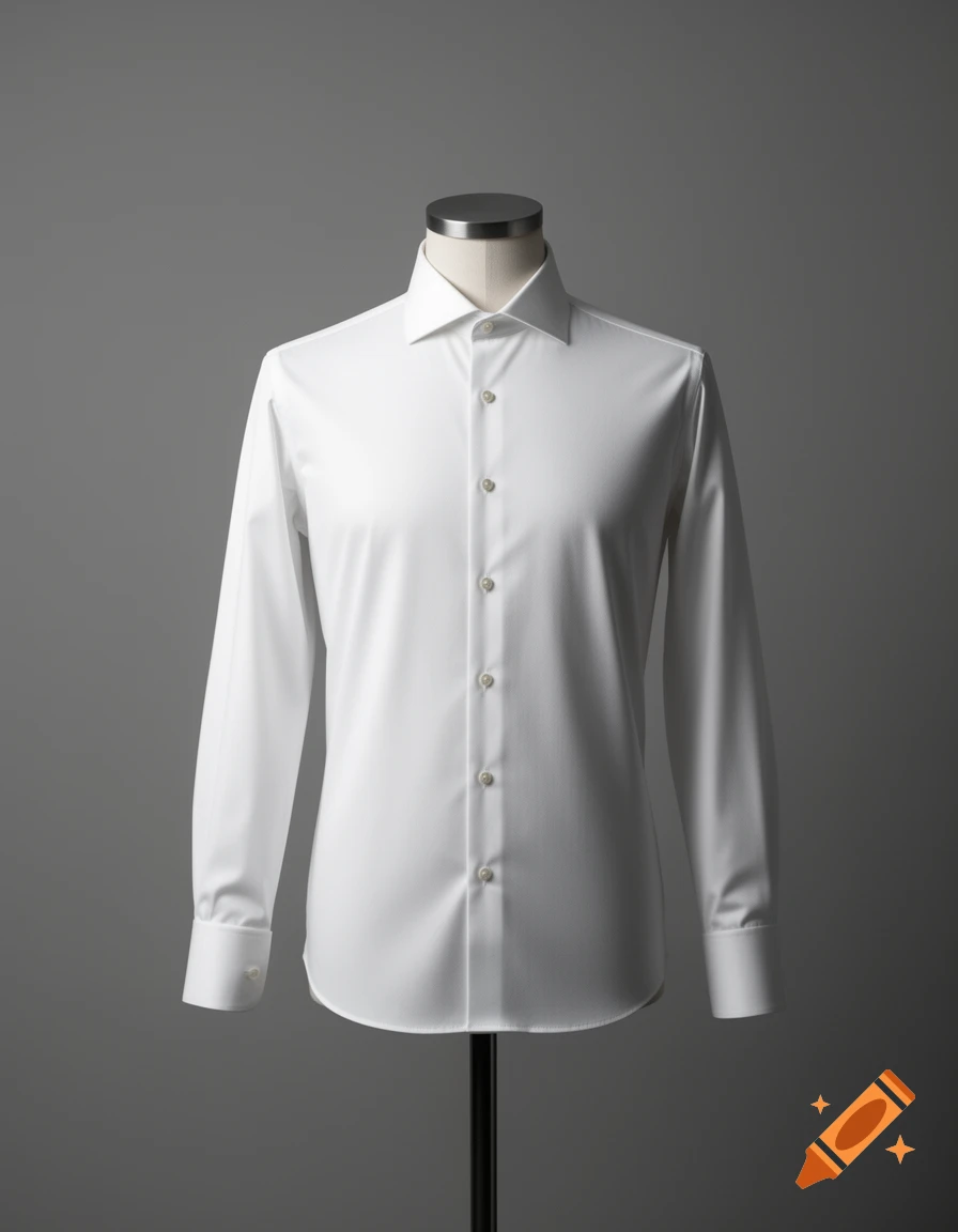 A white dress shirt on a mannequin against a plain grey background.