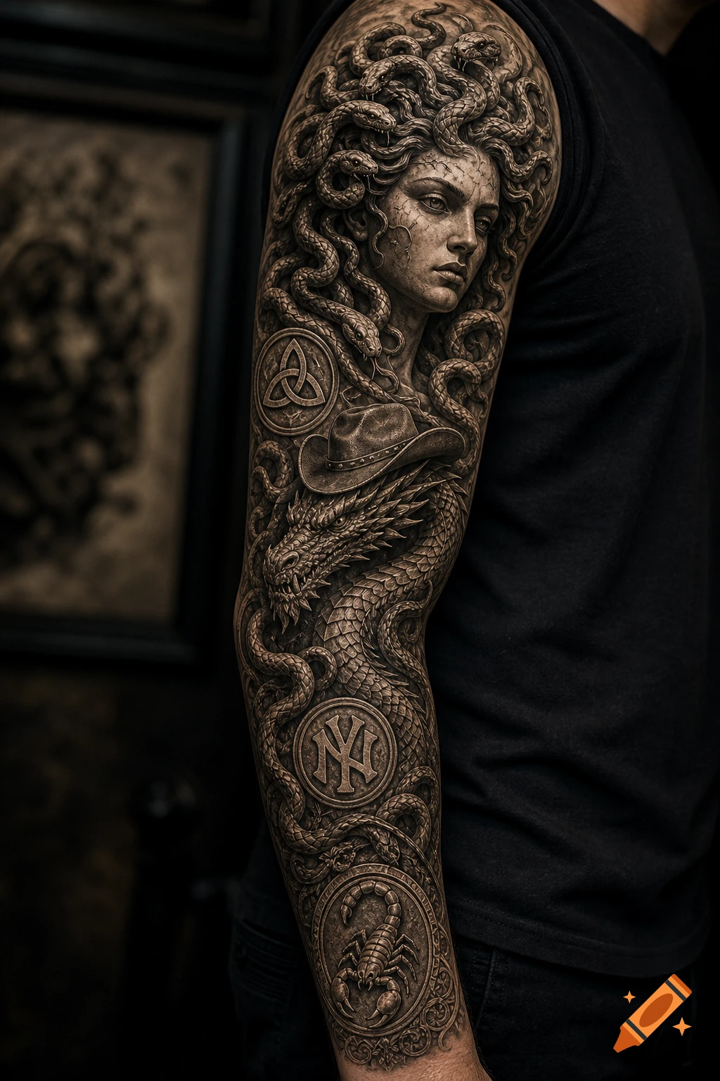 A detailed tattoo sleeve on an arm features a Medusa head, a dragon, a cowboy hat, a triquetra symbol, an "NY" logo, and a scorpion.