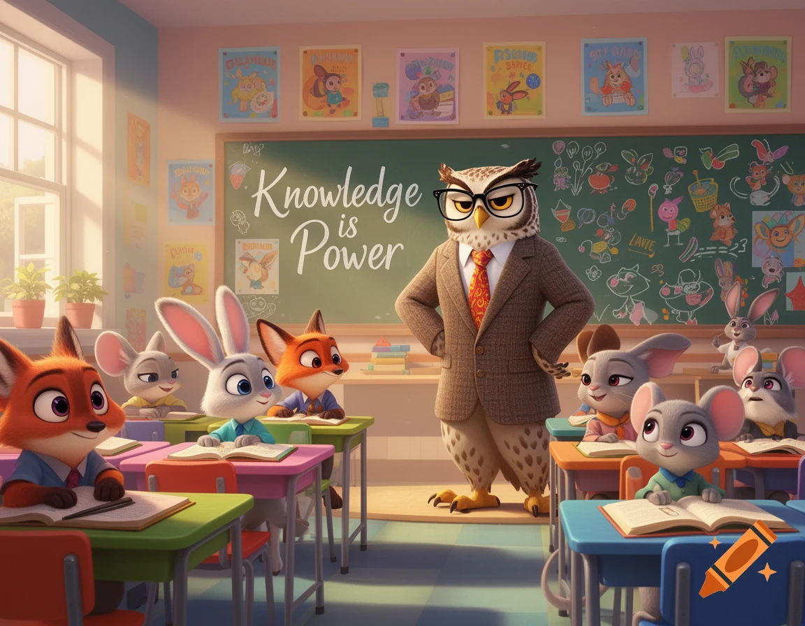 An anthropomorphic owl teacher in a suit stands in front of a blackboard that reads "Knowledge is Power," with fox, rabbit, and mouse students in desks.