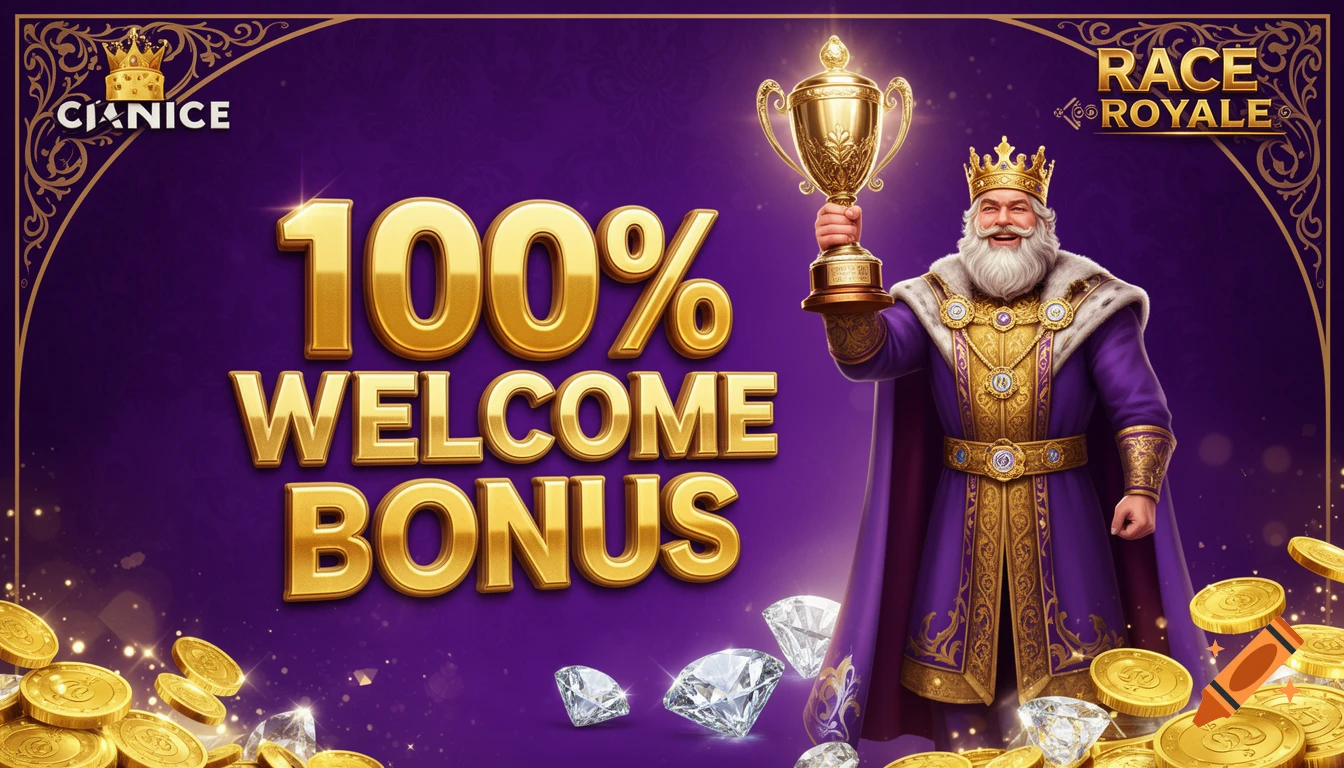 Race Royale casino game banner with a crowned king, trophy, gold coins, diamonds on purple. Text: '100% WELCOME BONUS'.