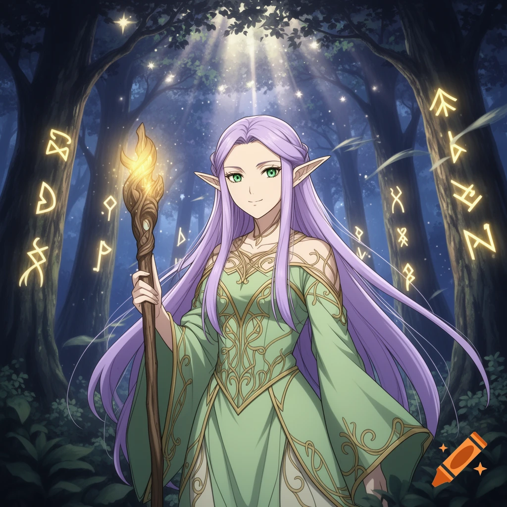 An anime-style elf woman with long lavender hair and green eyes holds a glowing staff in a magical forest with floating golden runes.