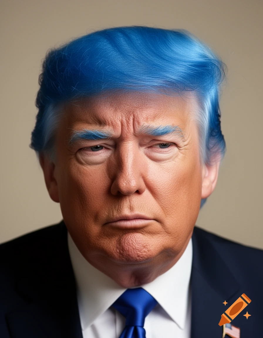 Close-up portrait of Donald Trump with bright blue hair and eyebrows, wearing a suit and blue tie.