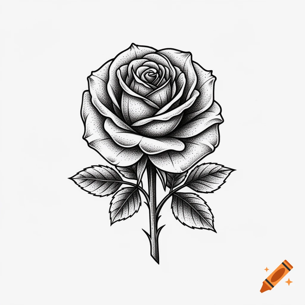 Black and white stipple art drawing of a single rose with leaves and a thorny stem on a white background.