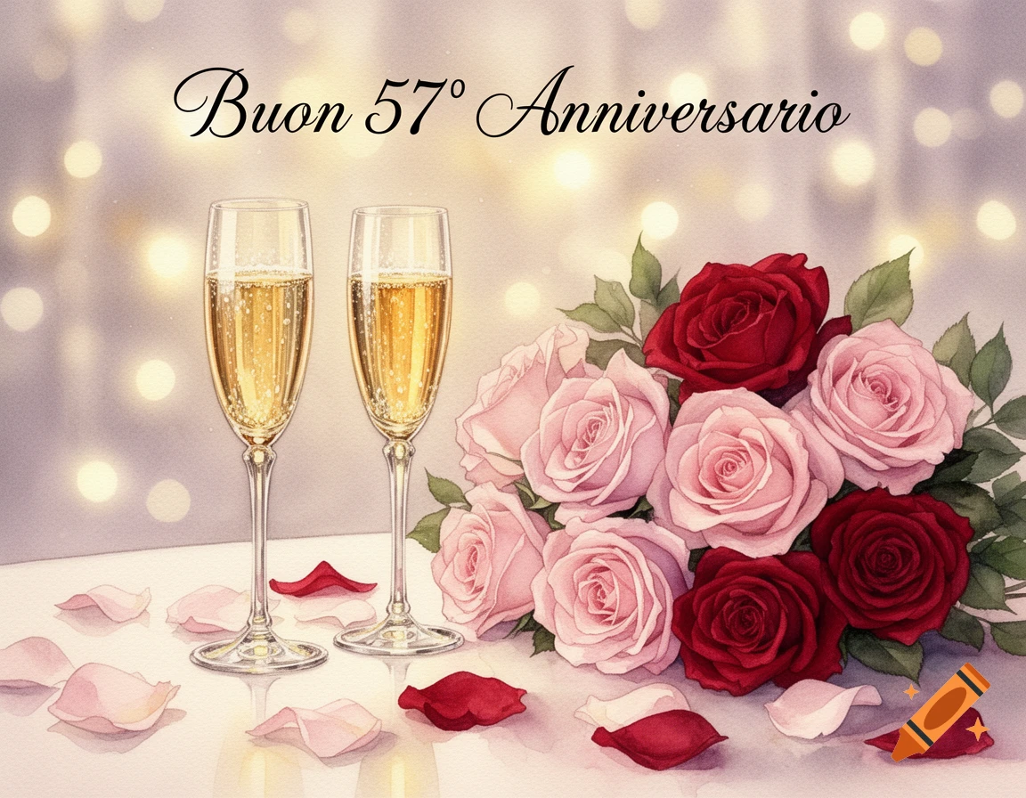 Watercolor illustration of two champagne glasses, a bouquet of pink and red roses, and petals with "Buon 57° Anniversario" text.